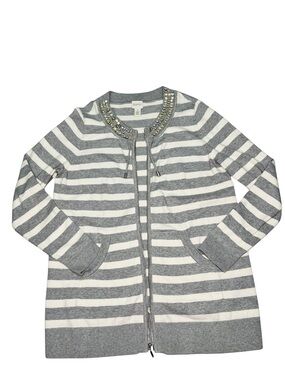Chico’s Striped Knit Top Gray White Size 1 M Casual Chic Workwear